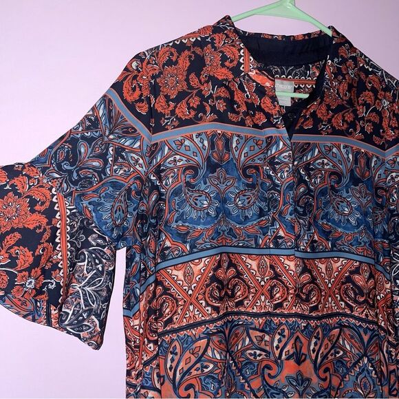 Chico's Midi Shirt Dress Size 10 Blue orange Short Ruffle Sleeve Collar - Picture 2 of 8